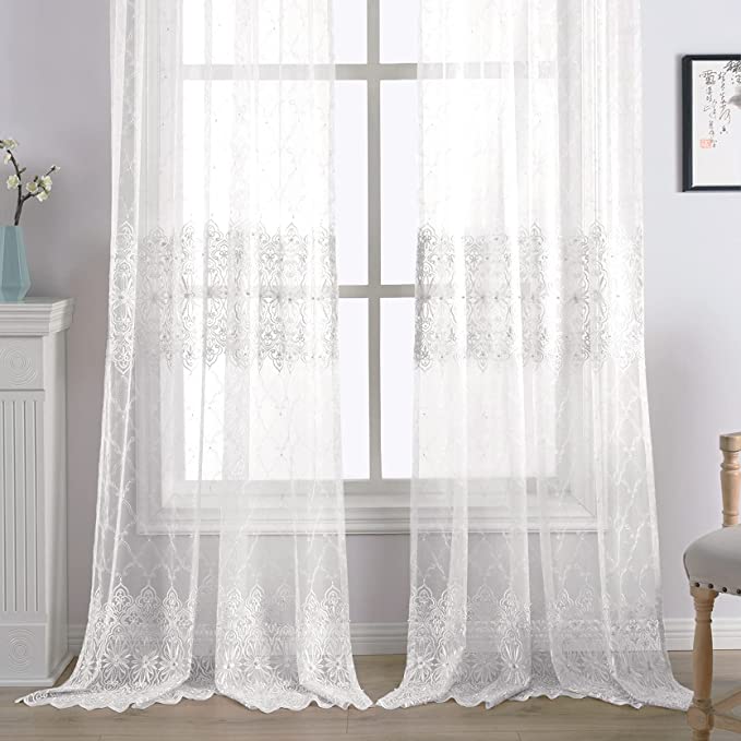 Aside Bside Bead8510 Pure White Sheer Curtains for Living Room Luxurious Embroidered Window Curtain Rod Pocket Floral Geometric Embroidery Voile Drapery Bedroom 84 inch,1 Panel