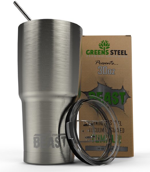 Beast 30oz Tumbler Stainless Steel Vacuum Insulated Rambler Coffee Cup Double Wall Travel Flask with Spill/ Splash Proof Lid & Curved Straw Premium Quality Bundle By Greens Steel