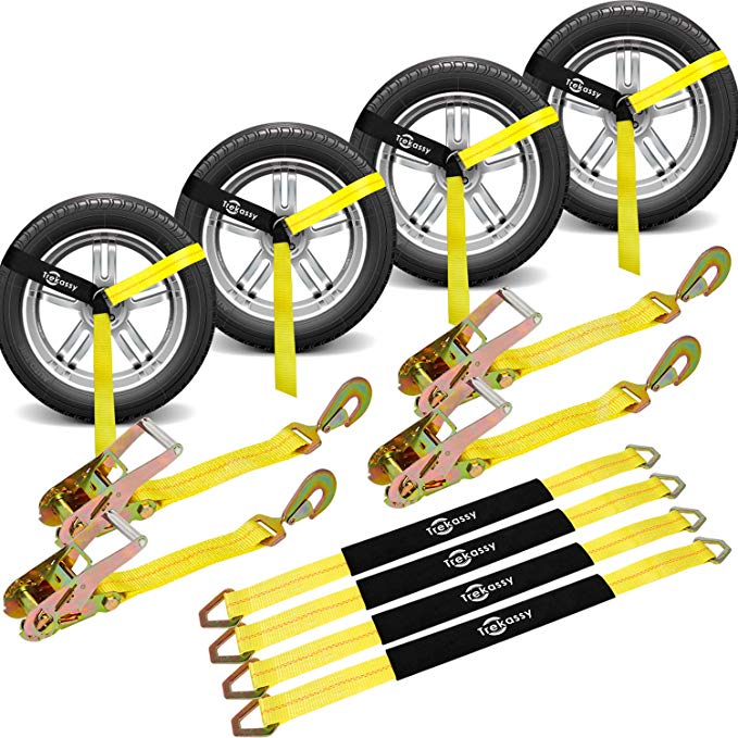 Trekassy Wheel Net Car Tie Down Straps Heavy Duty 4 Pack for Trailers with 4 Axle Straps and 4 Ratchet with Snap Hooks