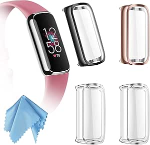 Fintie 4-Pack Screen Protector Case Compatible with Fitbit Luxe, Soft TPU Full Protective Screen Cover Saver Bumper, Black, Rose Gold, 2*Clear