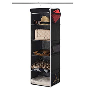 ZOBER 5-Shelf Hanging Closet Organizer - 6 Side Mesh Pockets Breathable Polypropylene Hanging Shelves - for Clothes Storage and Accessories, 12" x 11 ½" x 42" (Black)