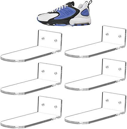 HIIMIEI Shoe Display Shelf for Wall Floating Shoe Shelves Wall Mounted Clear Acrylic Sneaker Shelves to Show Top Shoes and Sneaker Collection or Shoes Box- Standard Size Set of 6