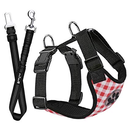 Slowton Dog Car Harness Plus Connector Strap, Multifunction Adjustable Vest Harness Double Breathable Mesh Fabric with Car Vehicle Safety Seat Belt