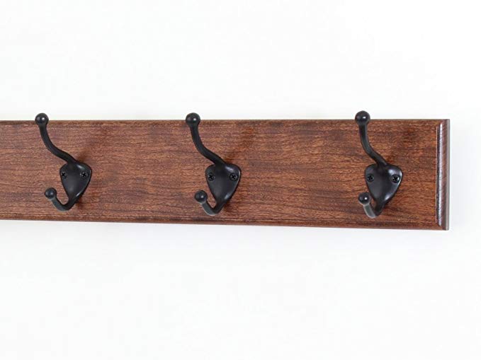 Solid Cherry Wall Mounted Coat Rack with Oil Rubbed Bronze Wall Coat Hooks - Made In the USA (Mahogany 15" x 3.5" With 3 Hooks)