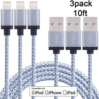 Sundix 3PCS 10FT Extra Long Nylon Braided Lightning to USB Sync Cable Cord Charger with Aluminum Connector for iPhone 6/6s/6 plus/6s plus, 5c/5s/5, SE, iPad Air/Mini, iPod Nano/Touch (White)