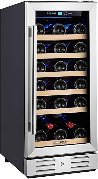 Kalamera 15 Inch Wine Refrigerator Cooler 31 Bottle Built-in or Freestanding with Stainless Steel & Double-Layer Tempered Glass Door and Temperature Memory Function