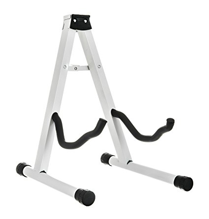 LIVIVO ® Folding A-Frame Guitar Stand with 2 Cradle Hooks and Back Rest – Universal Sturdy Metal Foldable A Frame Steel Design with Non Slip Rubber Feet and Foam Padding at all Contact Points to Protect your Instrument – Holds and Displays Most Electric Acoustic and Bass Guitars – Folds Flat in Seconds for Easy Storage and Travel (White)