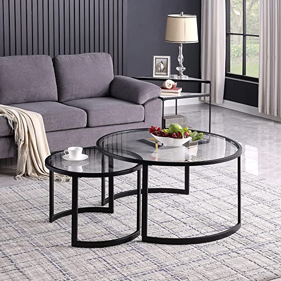 FirsTime & Co. Black Hatfield Nesting Coffee Table 2-Piece Set for Living Room, Home Office, Metal and Glass, 36 x 36 x 18.5 inches