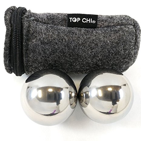 Top Chi® 1 lb. 1.5" Solid Stainless Steel Baoding Balls with Carry Pouch. Non-Chiming Chinese Health Balls for Hand Therapy, Exercise, and Stress Relief