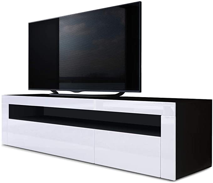 Vladon TV Stand Unit Valencia, Carcass in Black matt/Front in White High Gloss with a frame in White High Gloss