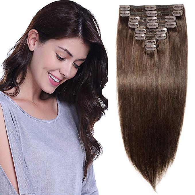 Double Weft Hair Extensions Clip in Human Remy Hair - 8 Pieces Straight Full Head (20"-150g, 2 Dark Brown)