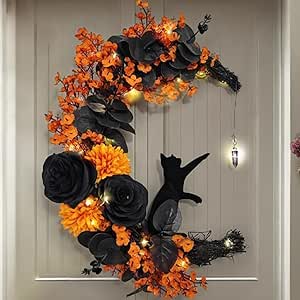 Moon Wreath,Halloween Wreaths for Front Door,Black Cat Crescent Moon Wreath with Lights,Halloween Decoration,Fall Door Wreath for Thanksgiving Autumn Indoor Outdoor Decor (Yellow)