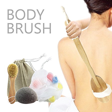 Hairizone Nanmu Bamboo Body Brush Spa Kit Includes Boar Bristle Brush, Mini Face Brush, Konjac Sponge, Bath Ball