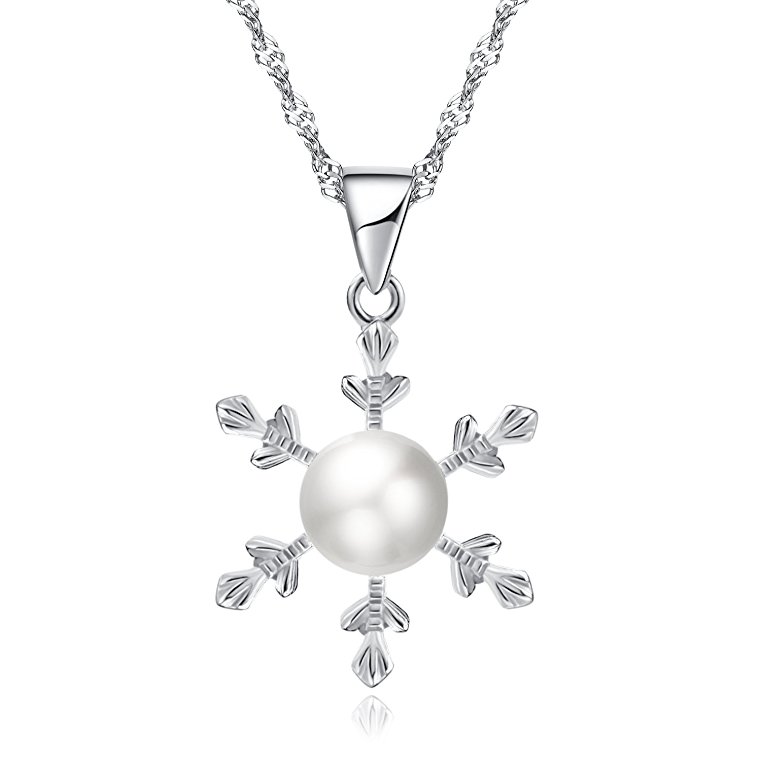 Joyfulshine Women 925 Sterling Silver Snowflake Pearl Pendant Necklace with Singapore Chain