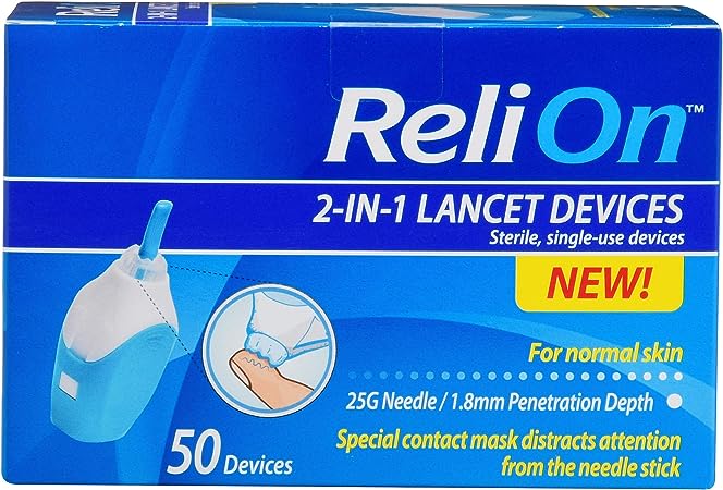 Relion 2-in-1 Lancet Device 25 Gauge 1.8mm for Normal Skin 50 Count