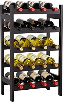 HOMECHO Bamboo Wine Rack, Floor Wine Storage Rack, 20 Bottles Holder, Freestanding Display Rack for Kitchen, Pantry, Cellar, Dark Brown