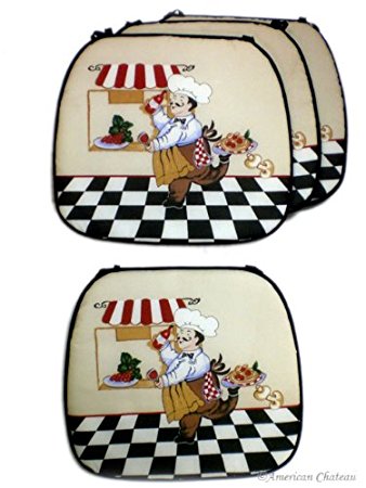 Set Lot 4 Cover Fat French Chef Kitchen Cushion Chair Covers Bistro Home Decor