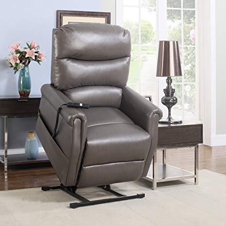 Divano Roma Furniture - Classic Plush Bonded Leather Power Lift Recliner Living Room Chair (Grey)