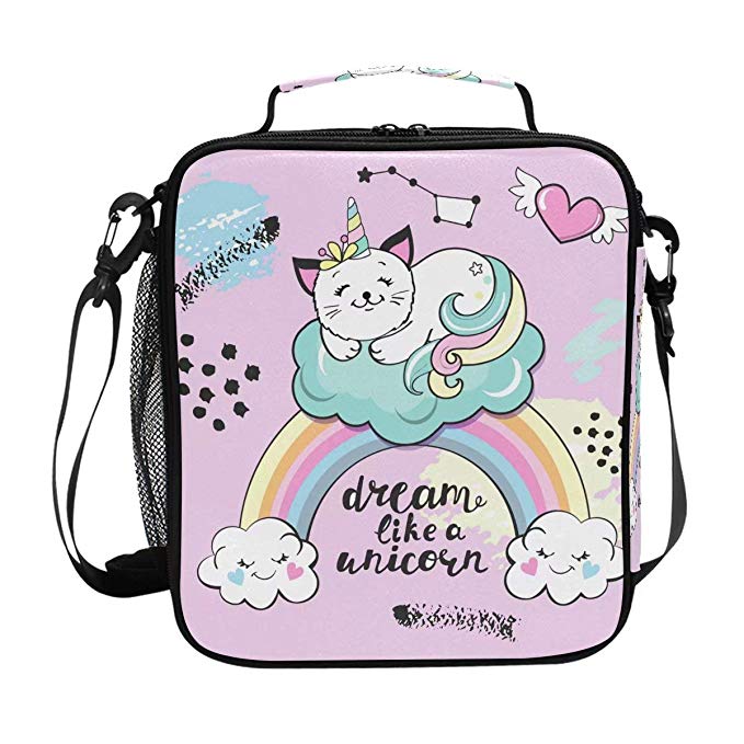 Girls Lunch Box Cat Pink Lunch Bag Cute Large Insulated Cooler Bags Meal Prep Lunch Tote Personalized Lunch bags with Shoulder Strap for Kids Girls Women