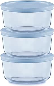 Pyrex Colors (3-Pack, Small) Tinted Glass Round Food Storage Container Set, Snug Fit Non-Toxic Plastic BPA-Free Lids, Freezer Dishwasher Microwave Safe, 2 Cup (x3) Tinted Glass , Blue