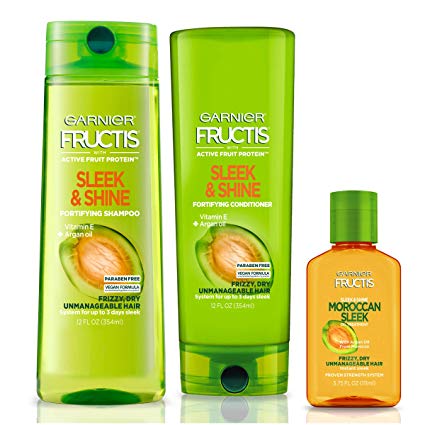 Garnier Hair Care Fructis Sleek & Shine Shampoo, Conditioner, and Moroccan Argan Oil Treatment, For Frizzy, Dry Hair, Paraben Free, 1 Kit