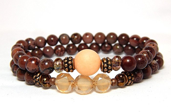 Boho Chic Semi-precious Gemstone Peach and Plum Beaded Energy Bracelet
