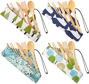 Boao 4 Sets Bamboo Utensils Wooden Utensils Set Reusable Cutlery Travel Chopsticks Fork Spoon Straw Portable Utensil Case for Travel Hiking Picnic Camping Cooking Office Kitchen (Natural Style)