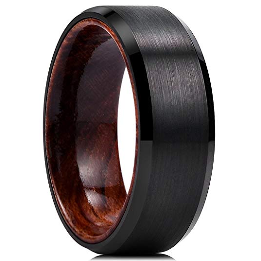 King Will Nature Mens 8mm Black Tungsten Carbide Wedding Ring Inlay Real Wood Comfort Fit Brushed Center
