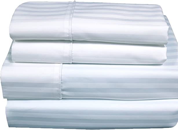 Stripes White 300 Thread Count King size Sheet Set 100 % Cotton 4pc Bed Sheet set (Deep Pocket) By Wholesalebeddings