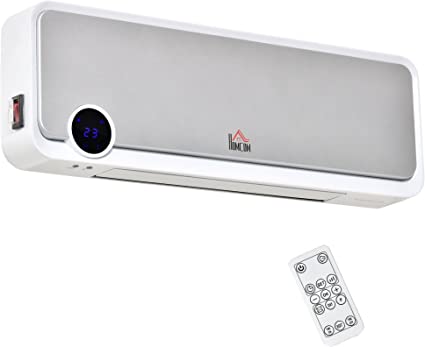 HOMCOM Calefactor Baño de Pared 1000W/2000W con Mando a Distancia Pantalla LED Temporizador de 12H Termostato y Protección contra Sobrecalentamiento 56x18,5x11,7 cm Blanco