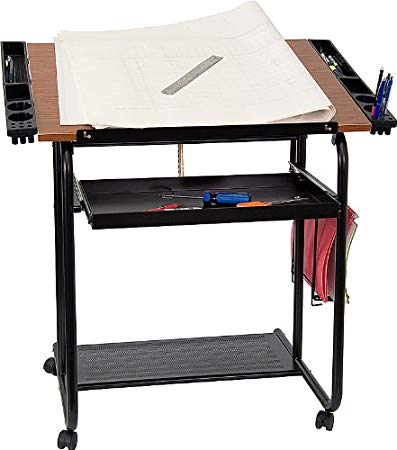 Flash Furniture Adjustable Drawing and Drafting Table with Black Frame and Dual Wheel Casters