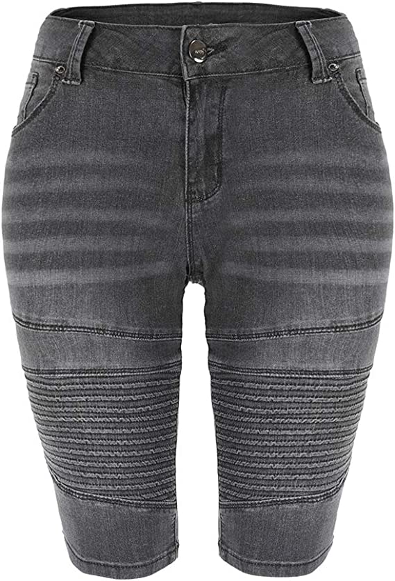 THUNDER STAR Womens Denim Ripped Bermuda Shorts Distressed Knee Length Stretch Short Jeans