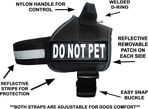 DO NOT PET Dog Vest Harness with Removable Patches and Reflective Trim. Comes with 2 DO NOT PET Reflective Removable Patches. Please Measure Dogs Girth Before Purchase