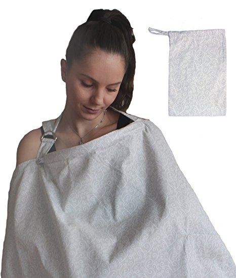 Nursing Cover for Breastfeeding in Light Grey Swirl EXTRA WIDE for Full Coverage - Breathable 100% Cotton , AZO Free and free of Harmful Chemicals
