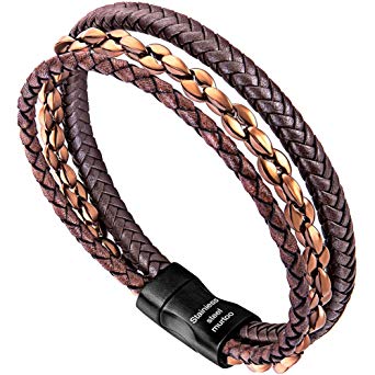 murtoo Mens Bracelet leather and Steel, Stainless Steel Chain and Leather Bracelets for Men Perfect Gift
