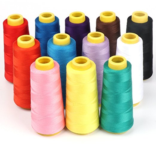 ilauke 12 X 1500M Overlock Sewing Thread Assorted Colors Yard Spools Cone 100% Polyester for Serger Quilting Upholstery Beading Drapery