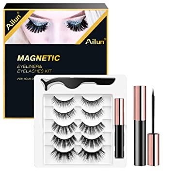 Ailun Magnetic Eyeliner and False Eyelashes Kit Bulk Fluffy Natural Look Faux Mink Lashes Long Extension Eyelashes with Tweezers,Easy to Wear,Reusable and No Glue Needed [5 Pairs-10 Count]