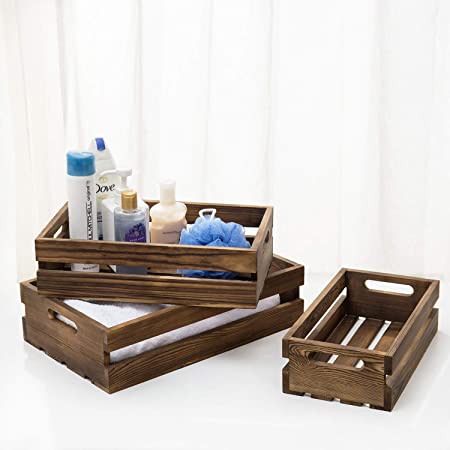 MyGift Rustic Brown Wood Decorative Nesting Storage Crates with Handles, Set of 3
