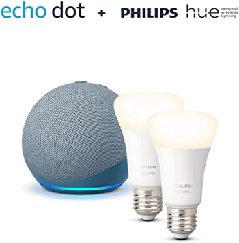 Echo Dot (4.ª generación), Azul grisáceo   Philips Hue White Pack de 2 bombillas inteligentes, compatible con Alexa - Kit de inicio de Hogar digital