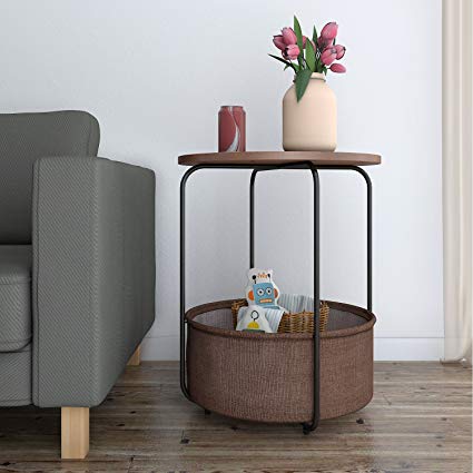 Lifewit Round Side End Table with Storage Basket, Modern Rustic Nightstand for Bedroom Espresso Bedside Table, 48 x 48 x 60 cm