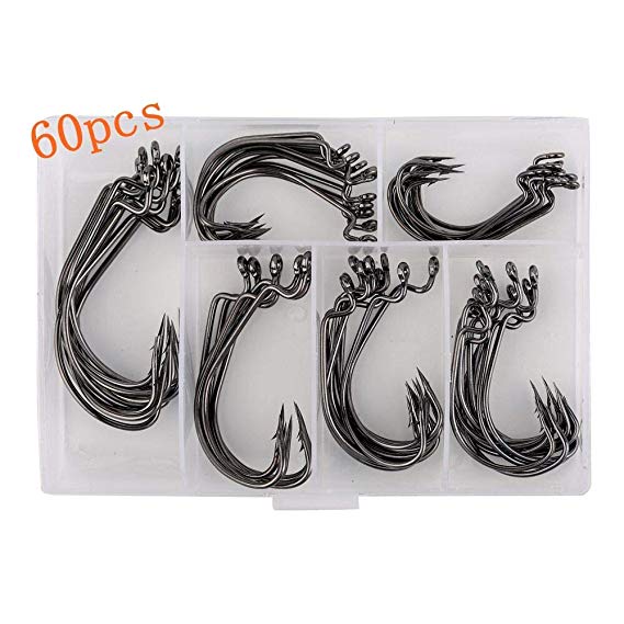 Bright starl 60pcs Offset Worm Hook High Carbon Steel Wide Gap Bait Jig Fish Hooks with Plastic Box #1-5/0