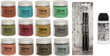 Tim Holtz Ranger Embossing Glazes Bundle of 12 Colors in 1 oz Jars, 2 Distress Embossing Pens, 1 Ounce Distress Embossing Dabber, Bundle of 14 Items