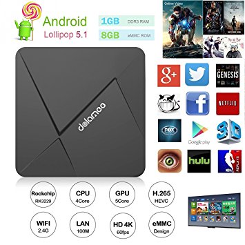 DOLAMEE D5 Android TV Box, Fully Loaded Android 5.1 Lollipop Os Streaming Media Players XBMC / Kodi 16.1 Support 4K UltraHD TV with Rockchip RK3229 Quad-core 2.4G Wifi 1G / 8G