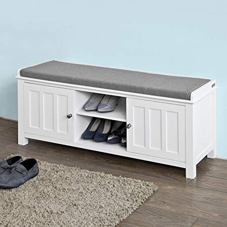 Haotian White Storage Bench with 2 Doors & Removable Seat Cushion, Shoe Cabinet Shoe Bench,FSR35-W,White