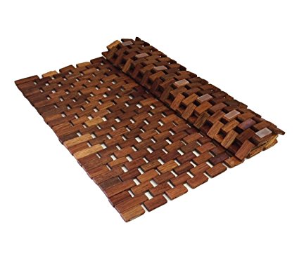 Handcrafted Folding Teak Bath Mat with Non Slip Silicone Feet Easily Rolls Up For Use In And Out Of The Shower