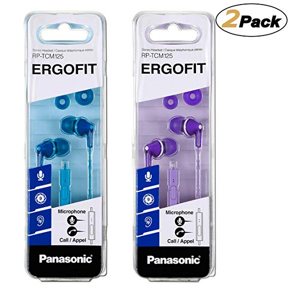Panasonic ErgoFit Earbud Headphones with Mic and Controller RP-TCM125-A/V, (Blue Purple) [2Pack]