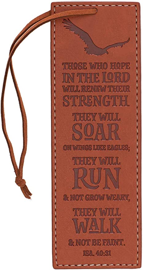 Christian Art Gifts Faux Leather Bookmark Hope in The Lord Isaiah 40:31 Bible Verse w/Satin Ribbon Tassel, Brown