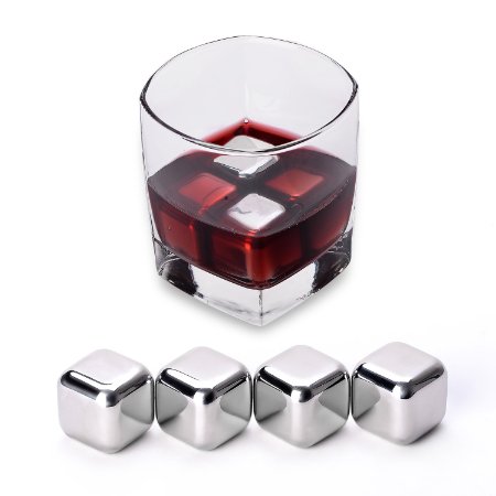Whiskey Stones by Wuudi -Stainless Steel Reusable Wine Cooling Cubes with Ice Tongs Whiskey Chilling Rocks Whisky Ice Stones and Sipping StonesSet of 4-8 4 pieces