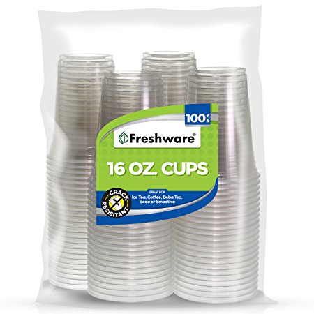 Freshware Clear Plastic Cups: 100-pcs Disposable Transparent Coffee, Smoothie, Ice Tea, Juice Cups 16 ounce BPA-Free, Safe Crystal Clear Plastic Tumblers for Party, Picnic, Travel, BBQ Events