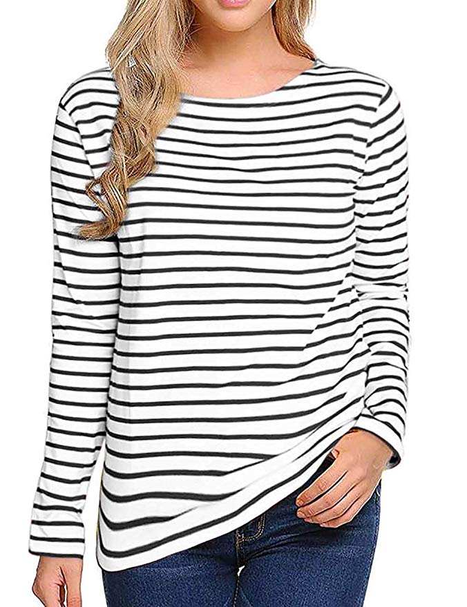 Women's Long Sleeve Striped T Shirt Round Neck Cotton Causal Blouses Tops